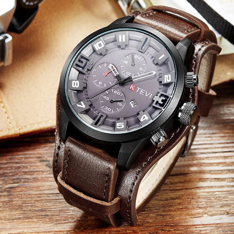 YIKAZE Luxury Business Men Quartz Watch Classic Retro Men's Watches Big Dial Leather Strap Date Military Wristwatch for Man