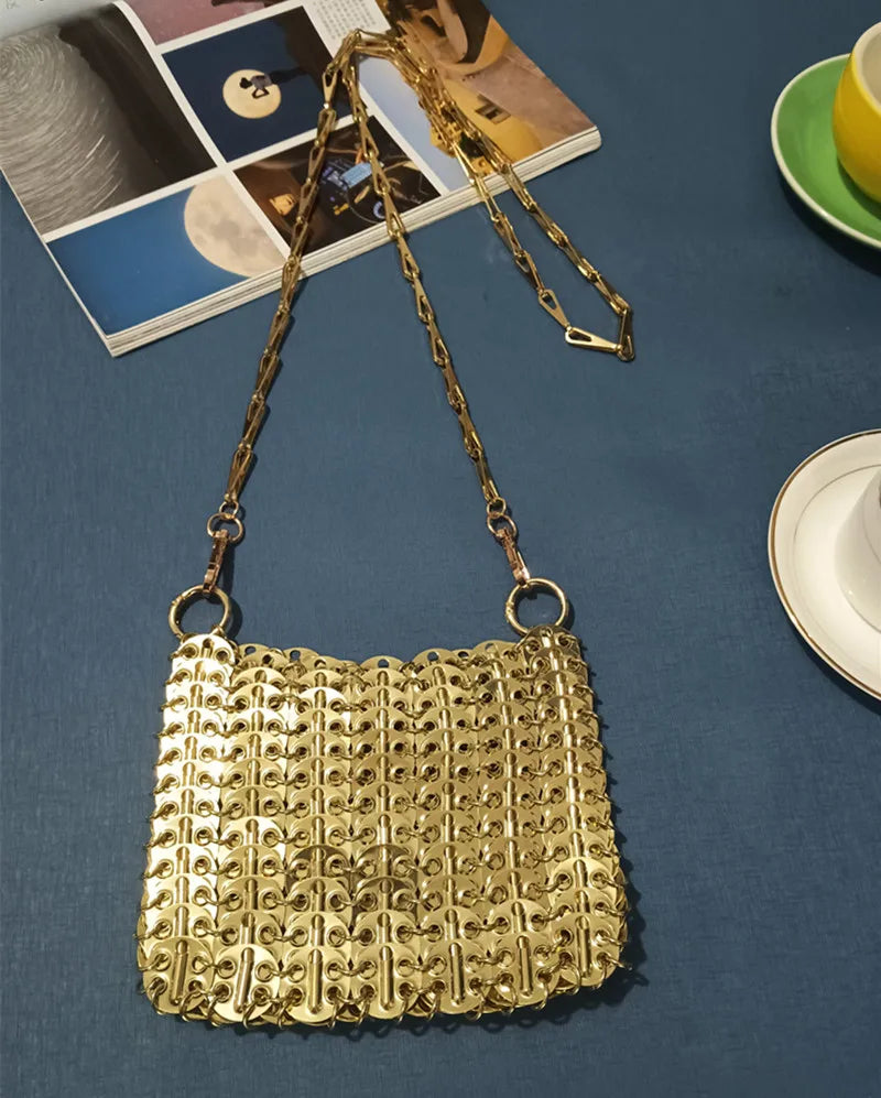 luxury Women Bags Designer Metal Sequins Chain Woven Bag Hollow Evening Bags Clutch Female Travel Holiday Shoulder Bag Handbag