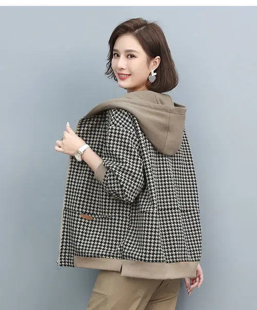 2024 Autumn Winter New Middle-aged and elderly Mothers Short Jacket Women's Patchwork Hooded Plaid Coat Casual Tops