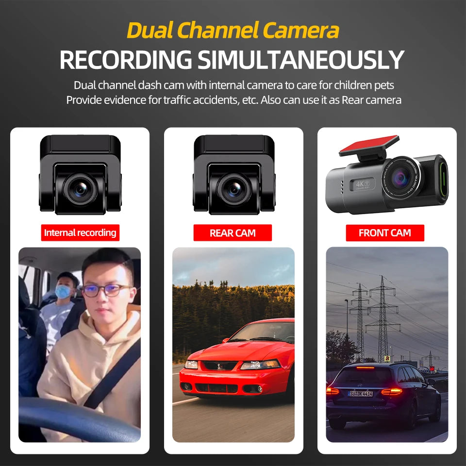 E-ACE 4K Dashcam Mini Camera Recorder GPS Wifi 24H Parking Dual Lens With 1080P Rearview Camera Night Vision Black Box For Car