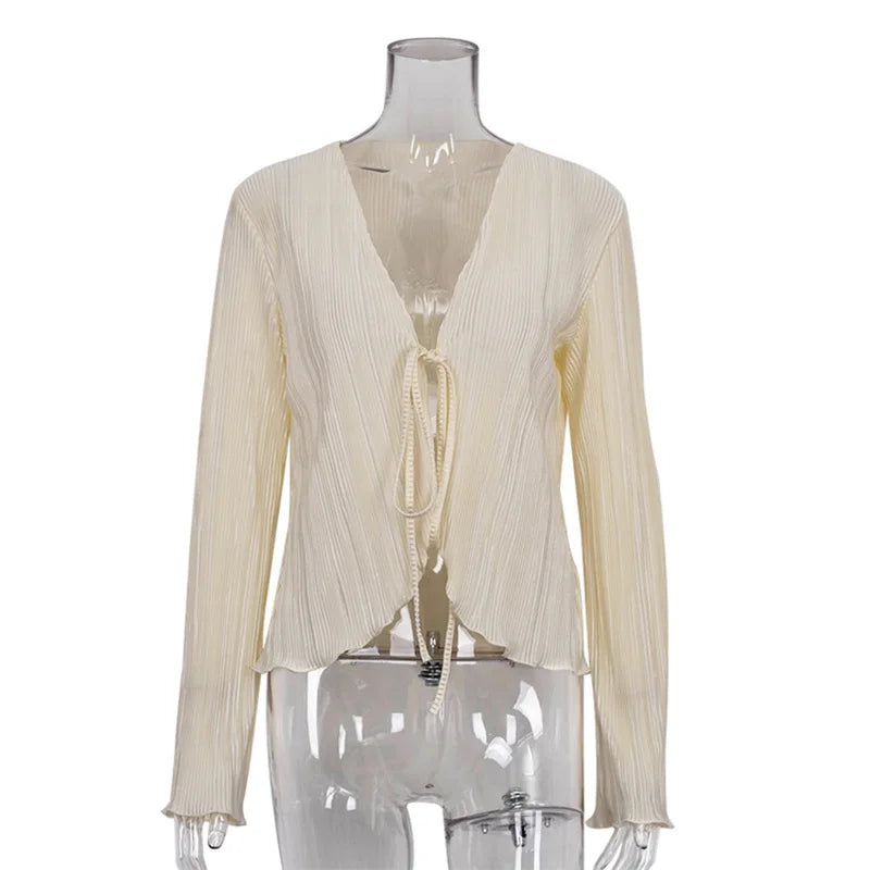 Women Pleated Plain Shirts Spring Fall Chic Long Flare Sleeve V- Neck Tie Up Cardigans Tops for Casual Party Street