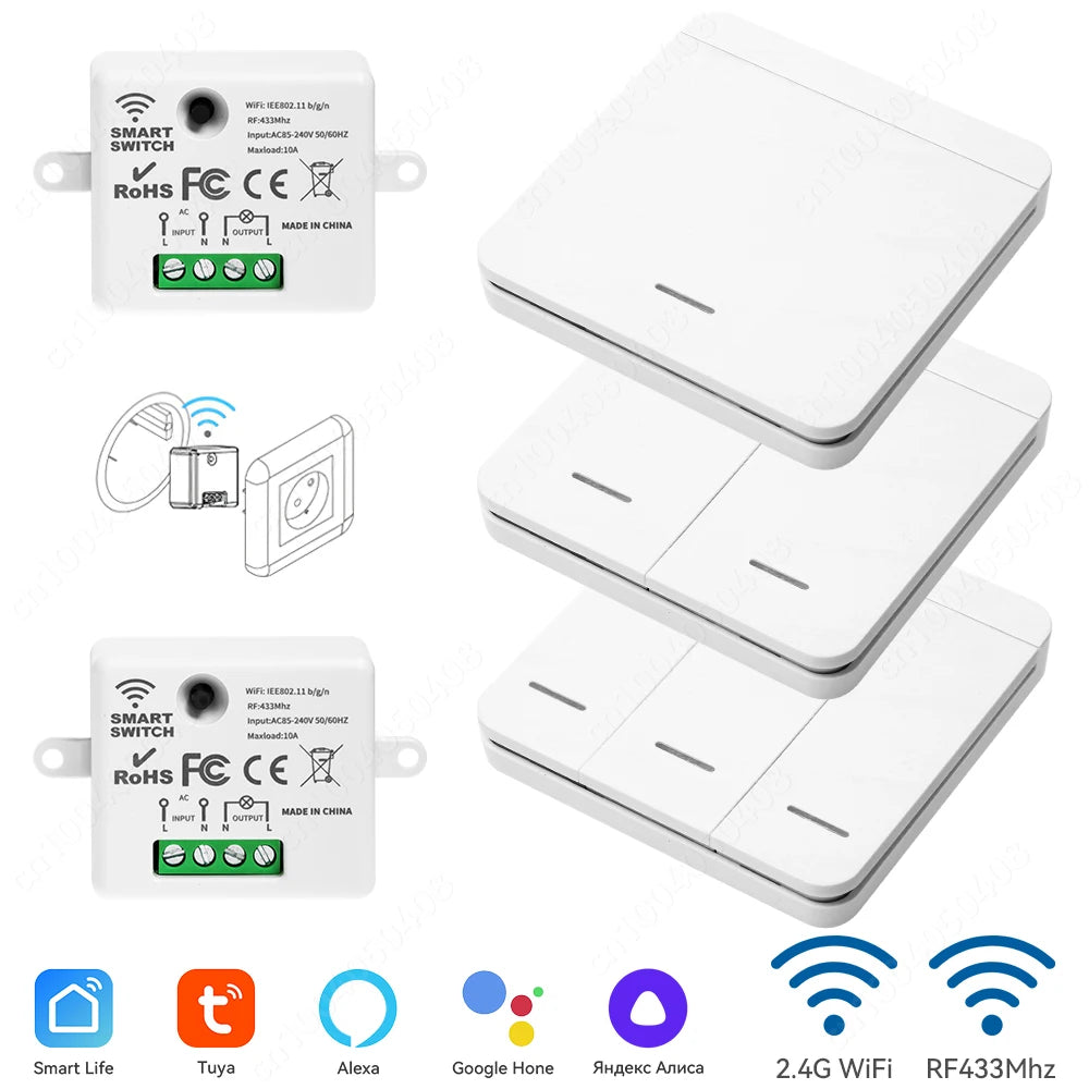 Tuya Smart Home WIFI Mini Smart Switch Rf 433Mhz Wireless Wall Switch 86 Panel Receiver Interruptor Voice Control Alexa Google