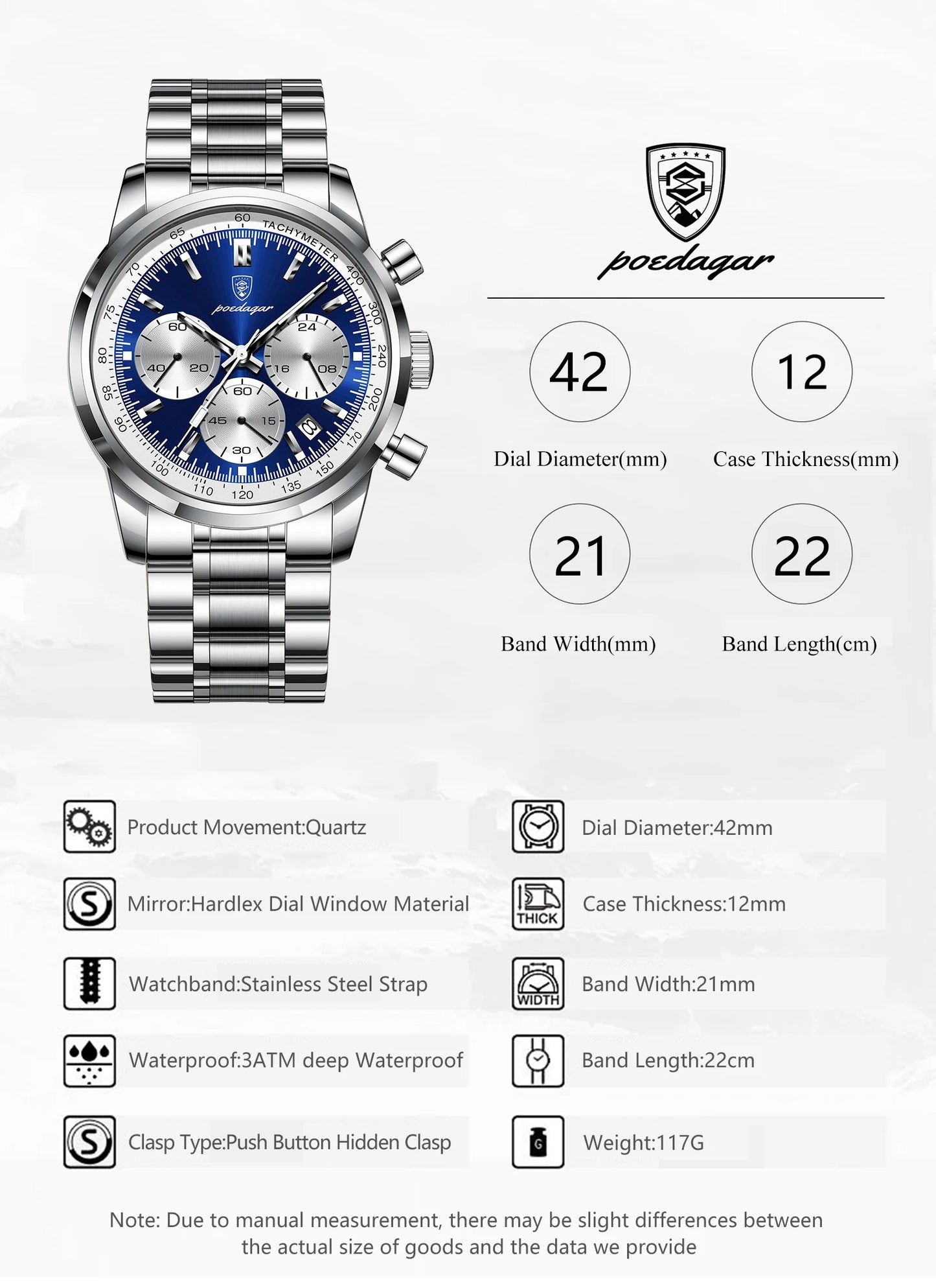 POEDAGAR Luxury Men Watch Waterproof Luminous Chronograph Date Stainless Steel Watch for Men Quartz Military Men's Watches Reloj