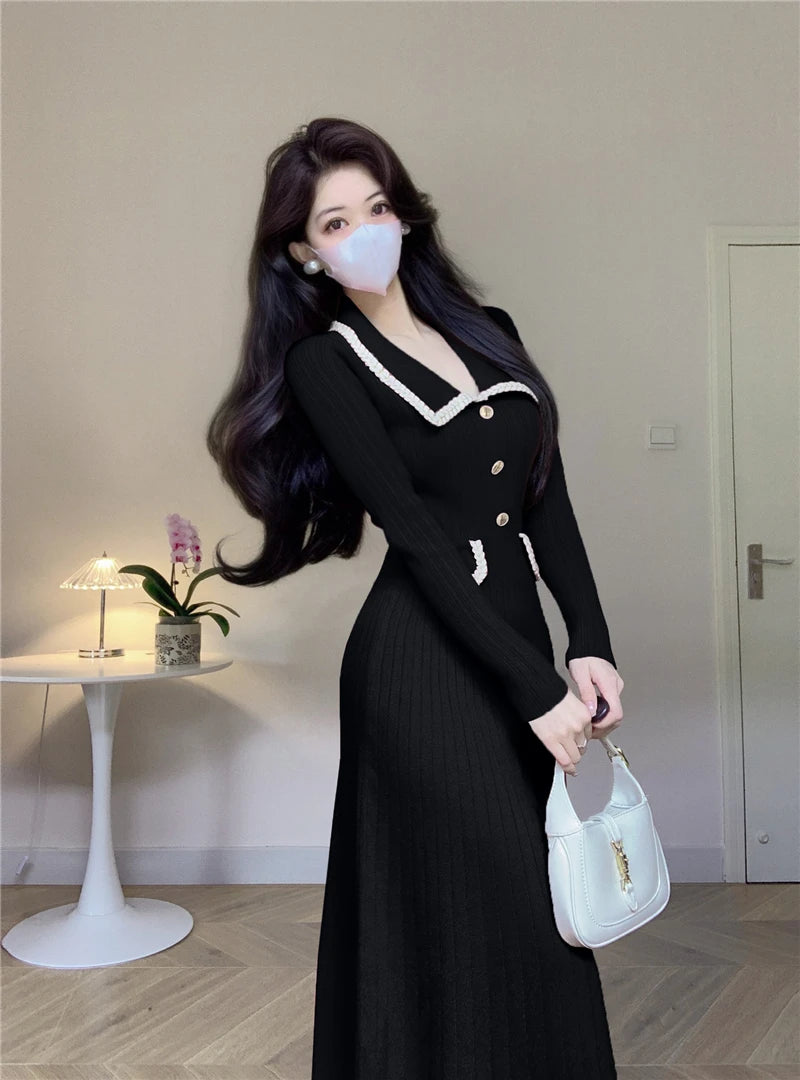 New Women French Knitted Dress Autumn Winter Slim A-line Lapel Casual Knitted Dresses Ladies Elegant Long Sleeve Midi Dress
