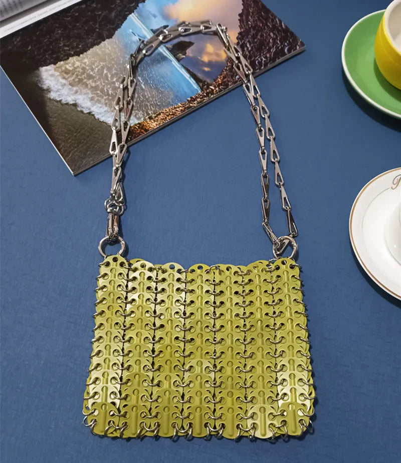 luxury Women Bags Designer Metal Sequins Chain Woven Bag Hollow Evening Bags Clutch Female Travel Holiday Shoulder Bag Handbag