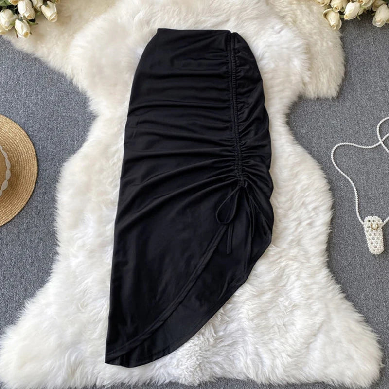 Sexy Draped Irregular Lace up Drawstring Folds Midi Skirt High Split Dress Women Clothes Office Lady Wrap Buttock Elegant Solid