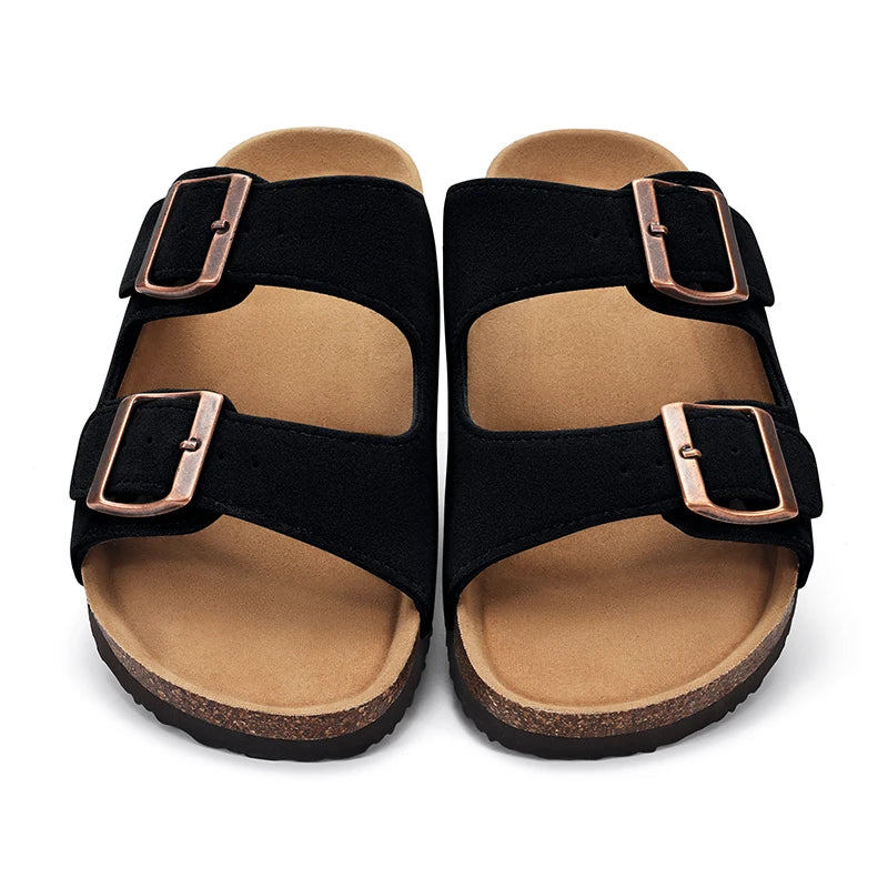 Kidmi Women Cork Suede Mules Slippers Outdoor Antiskid Beach Slippers Classic Cork Footbed Women Sandals With Adjustable Buckle