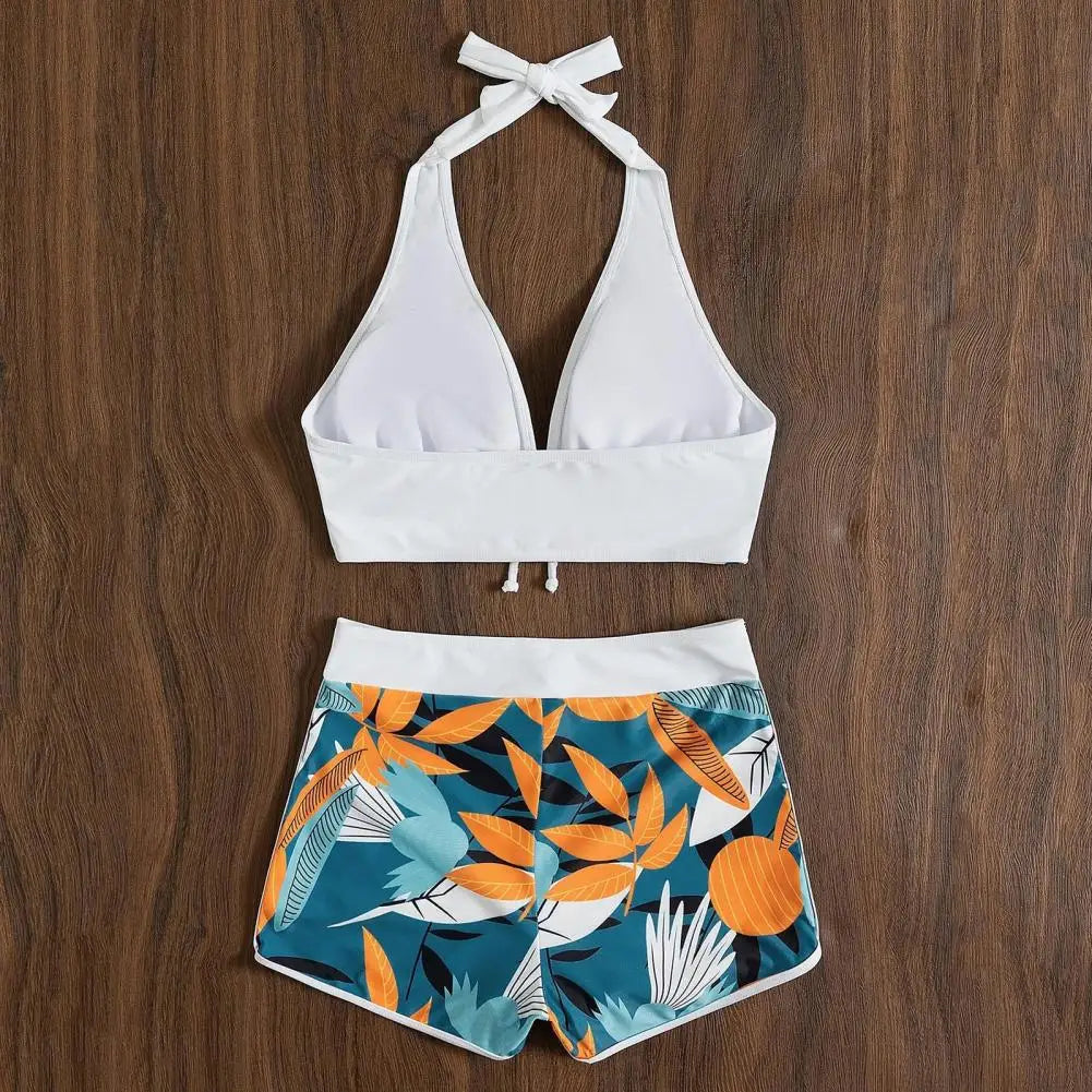 2Pcs/Set Bikinis Set Bowknot Decor Floral Print Bikini Backless Halter Bra High Waist Beachwear Female Beach Clothing