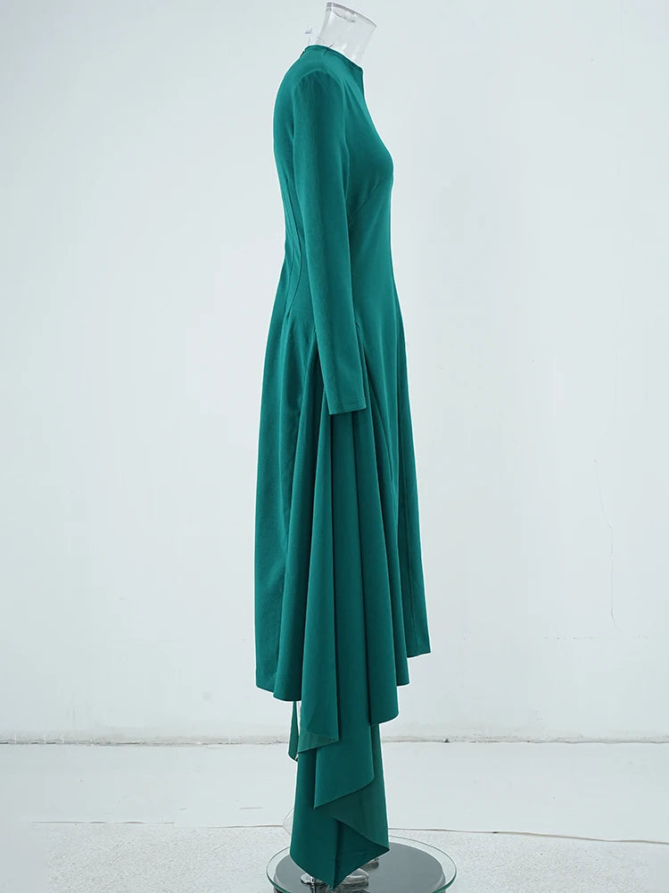 DEAT Elegant Dress Skew Collar Long Sleeves Waist Retraction Solid Color Asymmetric Hem Women's Dresses 2024 Autumn New 13DL7990