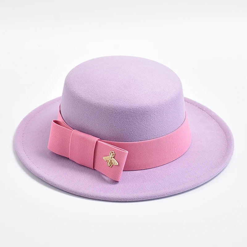 New Fedora Hat for Women Elegant Fashion Formal Wedding Decorate Church Cap Flat Top Bow Party Jazz Hat Chapeau Femme