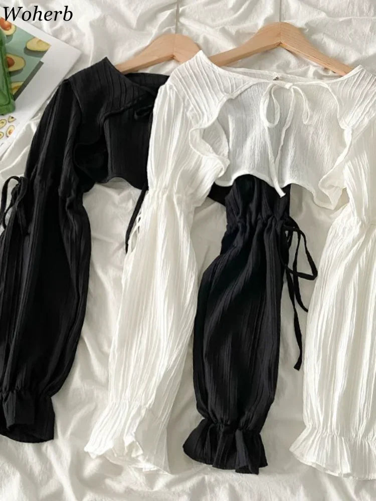 Summer Y2k Sun Protection Cardigan Women' Clothing Thin Crop Tops Bandage Long Sleeve Blouse Cape Femme Ruffles Korean Sweater