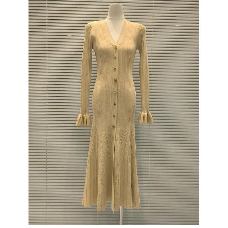 Knitted Mid-Length Dress 2024 New Women Long Sleeve Ribbed Party Dresses Elegant Lady Knitwear 5240175