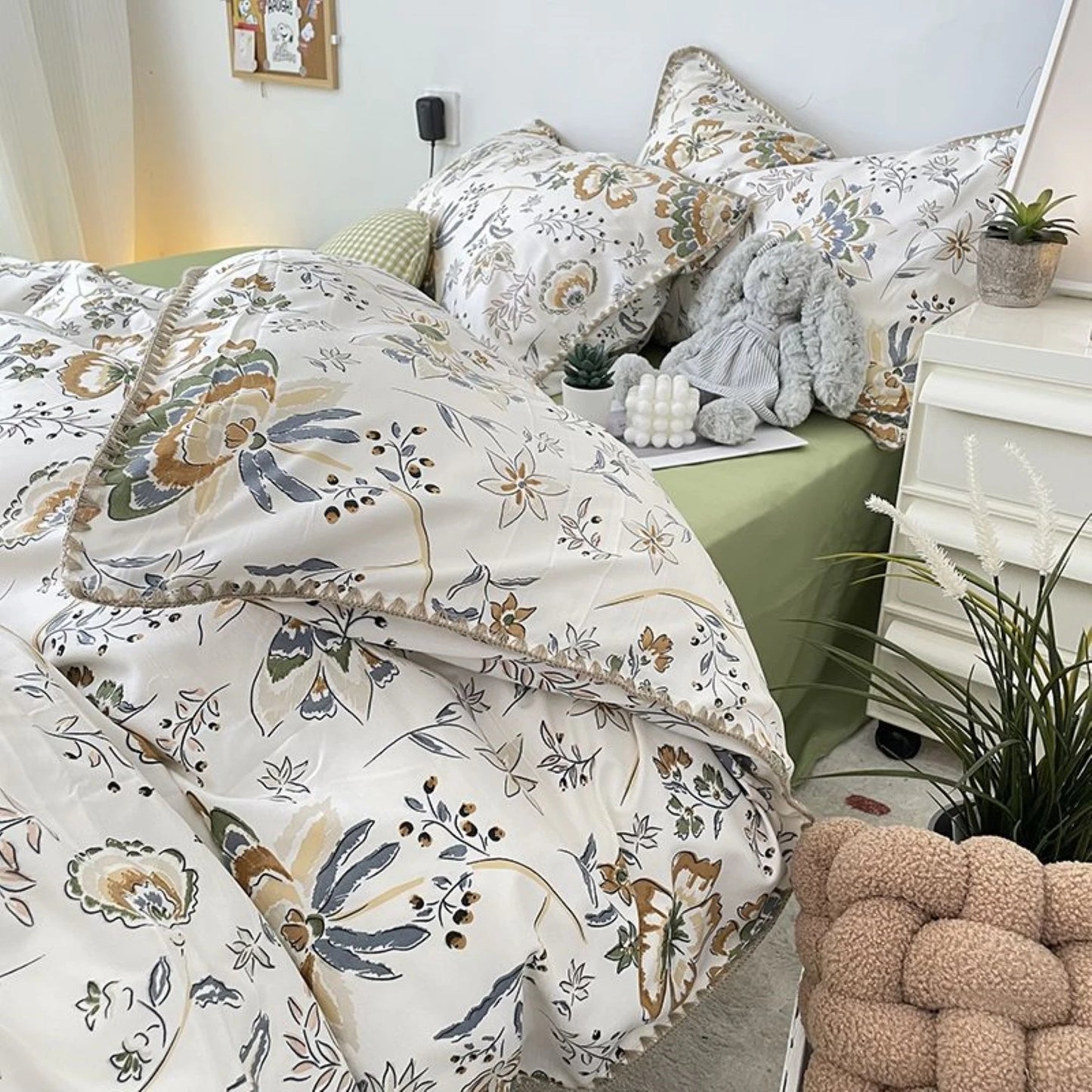 Bedding Set INS Girls Cherry Soft Washed Cotton Bed Sheet Queen King Size Duvet Set Comforter Set Pillowcase Bed Linens