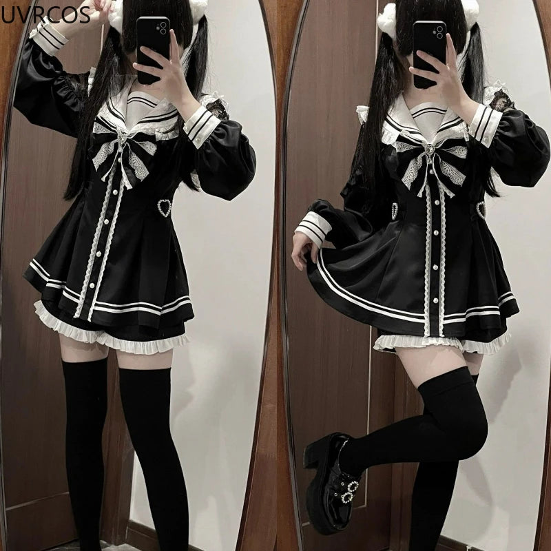 Japanese Style Gothic Y2k Lolita Bow Dress Shorts Set Women Vintage Sweet Long Sleeve Button Shirt Party Dresses Slim Mini Dress