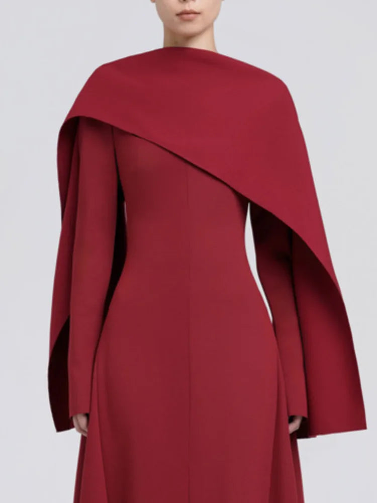 DEAT Elegant Dress Irregular Design Shawl Patchwork Long Sleeve Waist Backless Women's Evening Dresses 2024 Autumn New 13DL245