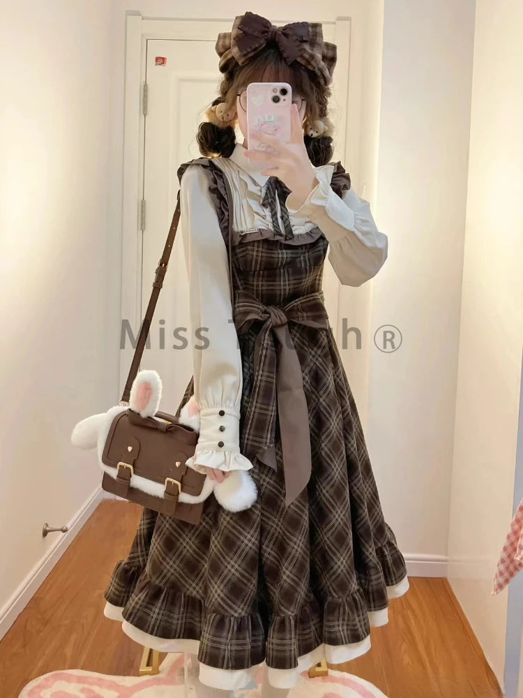 Autumn France Vintage Long Sleeve Dress Women Fashion Design Bow Lapel Lace Up Plaid Dresses Retro Chic Slim Thin Ruffle Dress