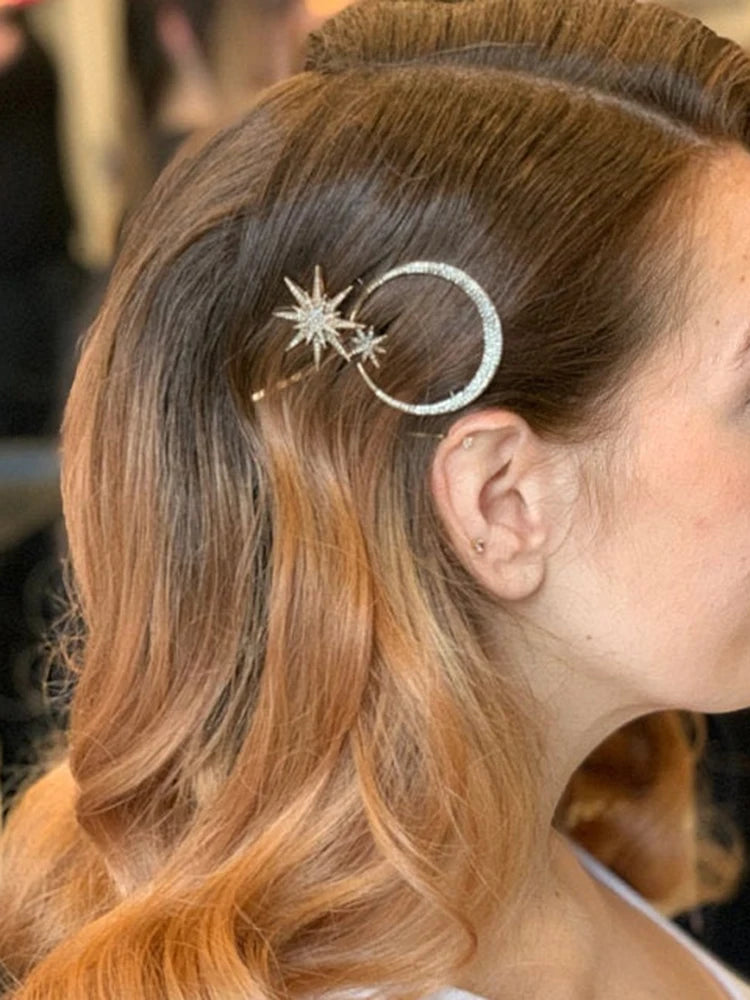New Geometric Stars Moon Rhinestone Hair Clip Set Snowflake Star Bride Hairpins Women Side Clip Hair Barrettes Hair Jewelry Gift