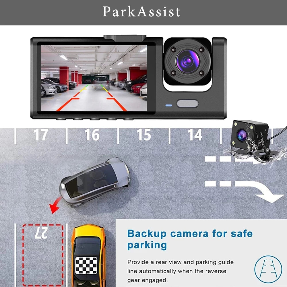 3 Channel Car DVR HD 1080P 3-Lens Inside Vehicle Dash CamThree Way Camera DVRs Recorder Video Registrator Dashcam Camcorder