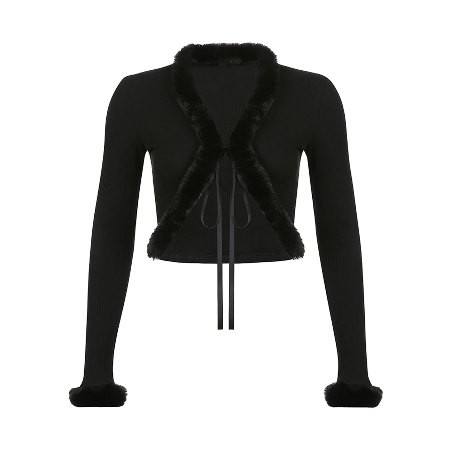 Women's Cropped Shrug Fur Collar Casual Solid Color Knitted Long Sleeve Cardigan Coat Tops Streetwear Temperament Commuter Tops