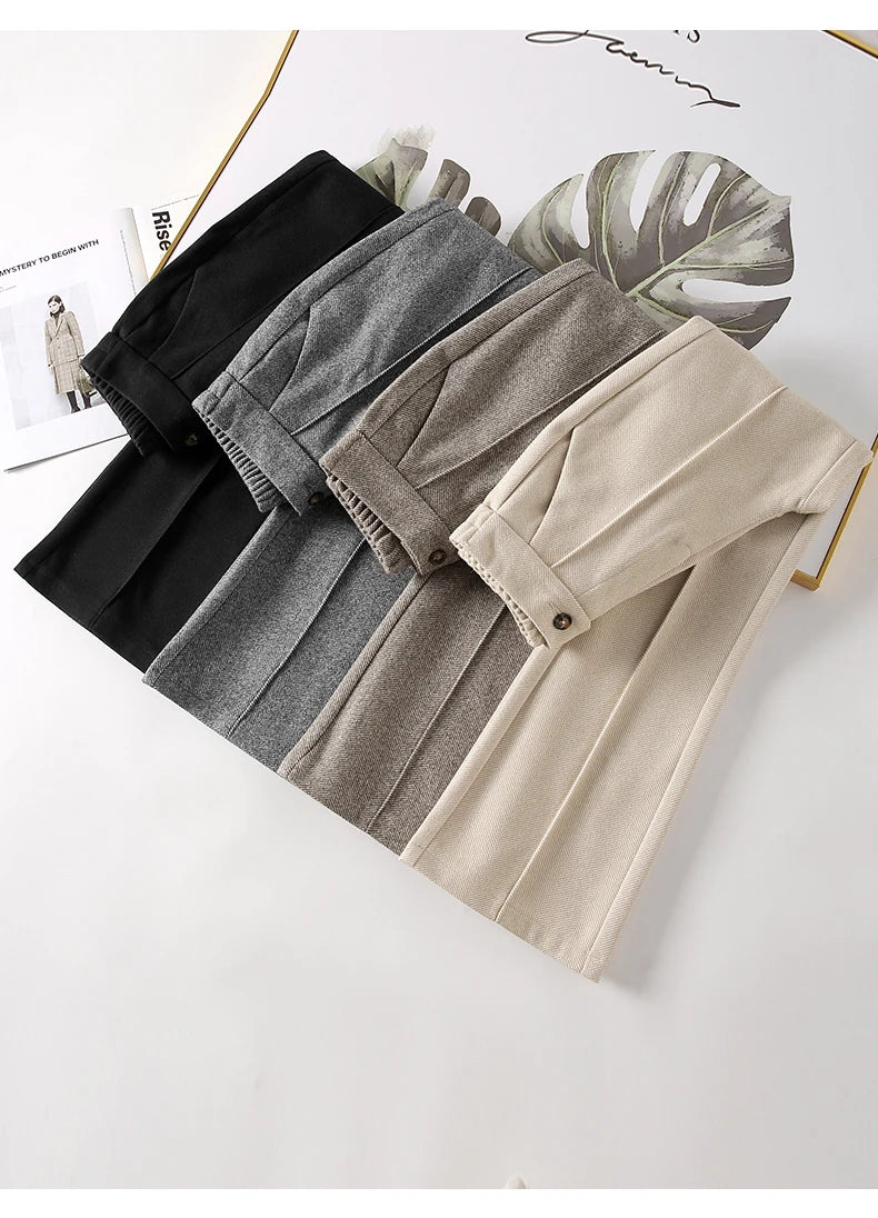 Herringbone Woolen Women's Pants Autumn and Winter 2024 New Elastic Waist Flare Pants Fashion Warm Comfort Black Trousers Women