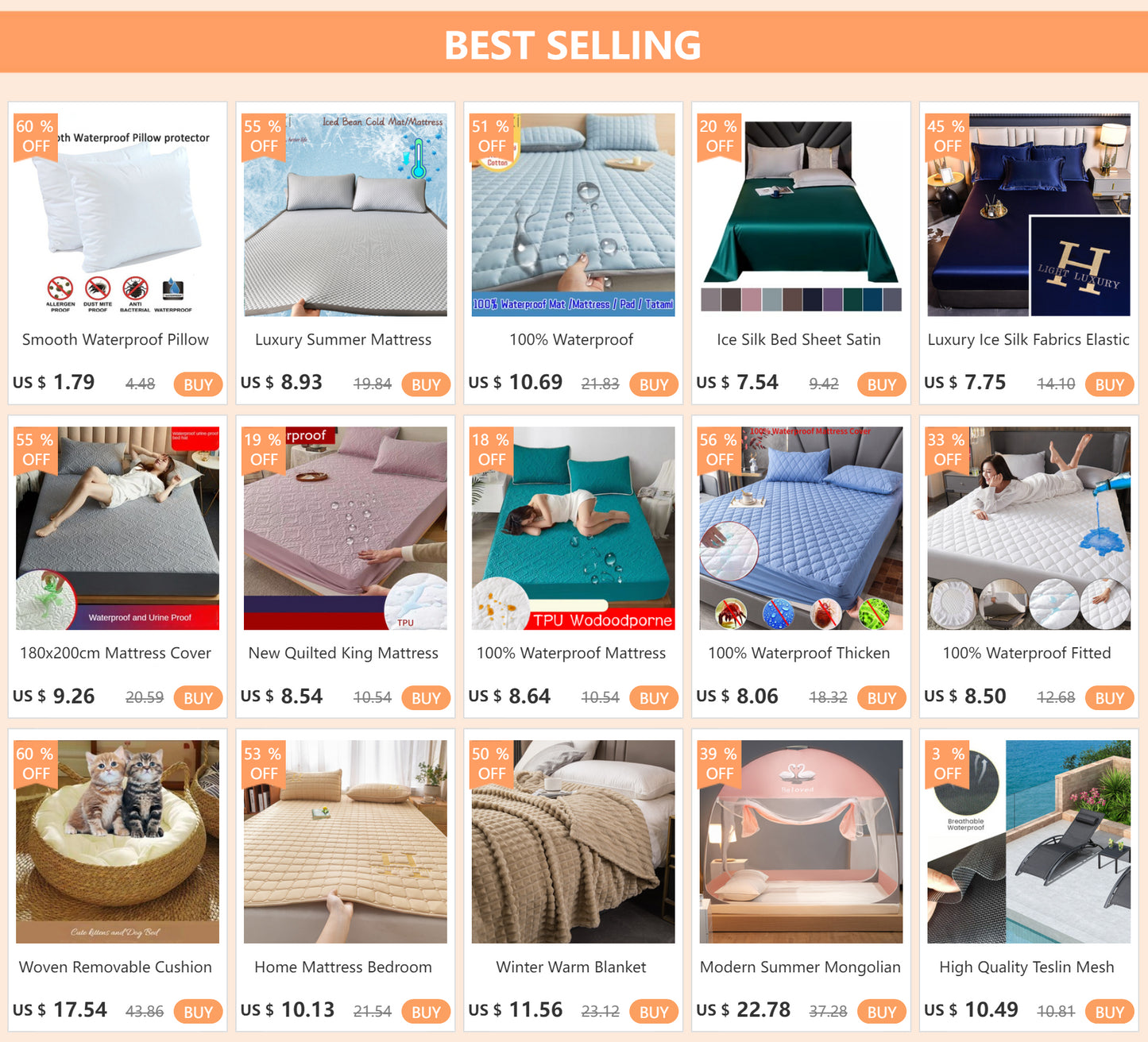 100% Waterproof Thicken Mattress Protector Cover Non-slip Fitted Bed Sheet Pad Bed Cover Single Double Bed Queen King Size 1Pc