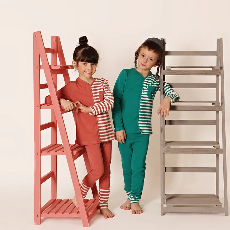 AA-Children clothes 2pcs top and pants half striped pajamas kids clothes boy/girl clothes front opening long sleeves all season