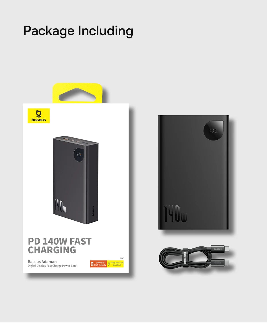 Baseus 140W Power Bank 24000mAh Fast Charging Portable Battery Charger 3 Output Ports for iPhone 16 Pro Max Notebook Tablet