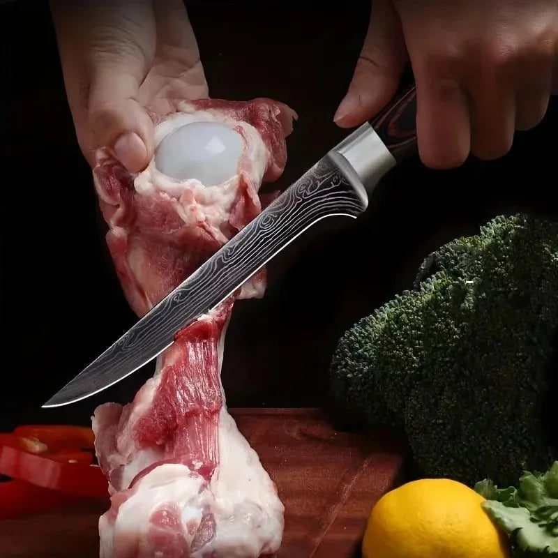 Professional Kitchen Boning Knife Damascus Laser Pattern Butcher Knife Stainless Steel Meat Fruit Vegetables Fish Chef Knife