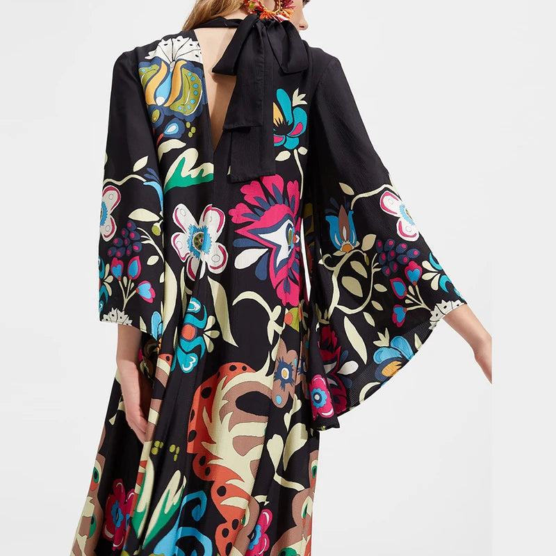 Ethnic Retro Spring Print Boho Long Dress Women Sexy Stand Collar Lace-up Party Dress Fall Long Sleeve Loose Ladies Maxi Dresses