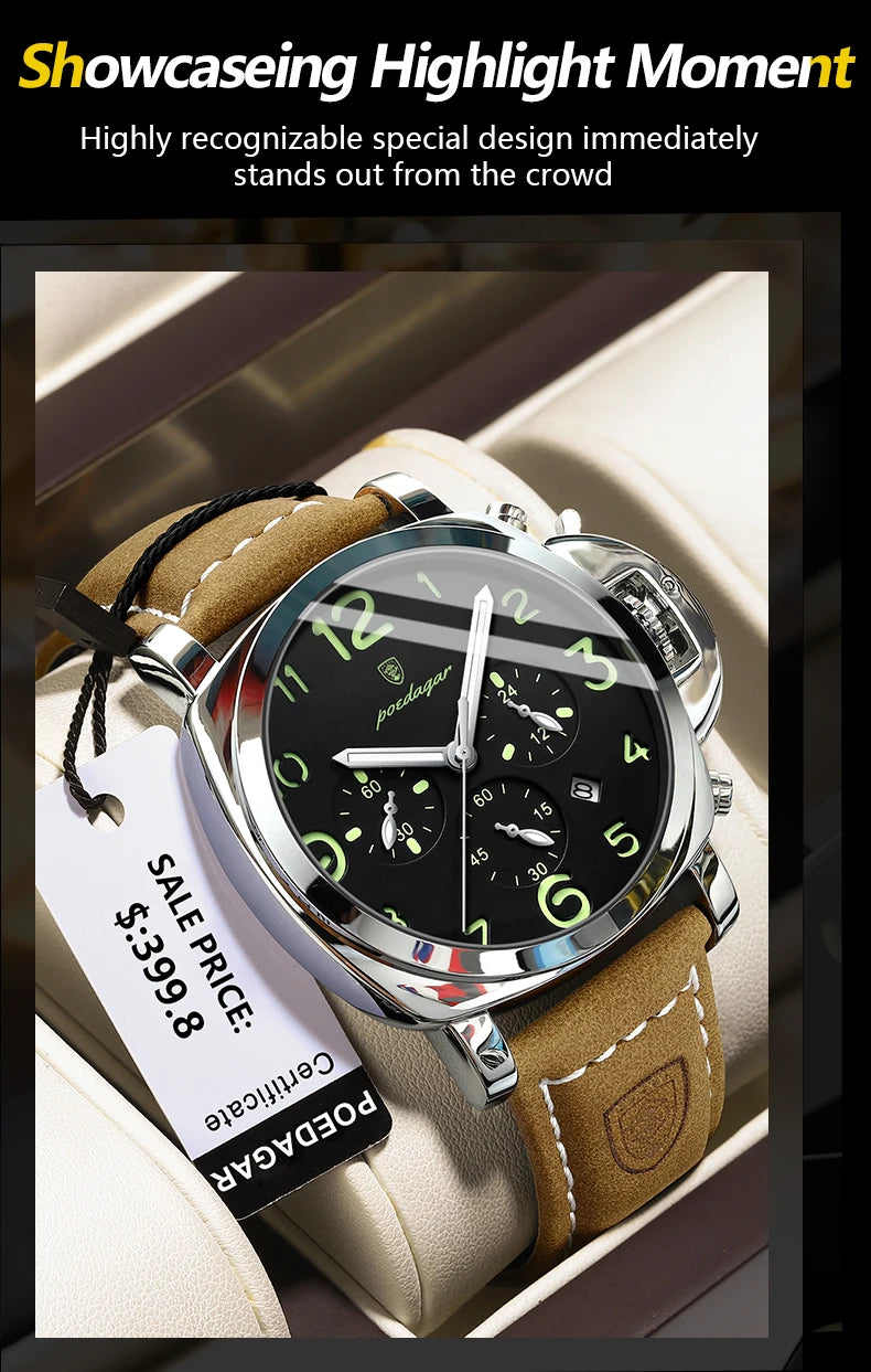POEDAGAR Luxury Man Watch Chronograph Waterproof Luminous Date Watch for Men Casual Leather Sports Military Men's Quartz Watches