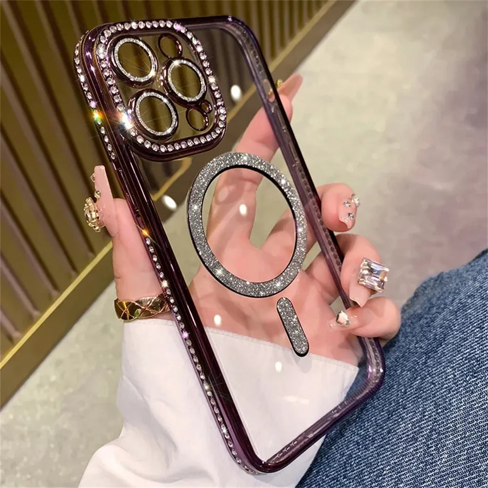 2024 New Fashion Glitter Diamond Transparent Case For iPhone 16 15 14 Plus 13 12 11 Pro Max Magnetic Wireless Charge Back Cover