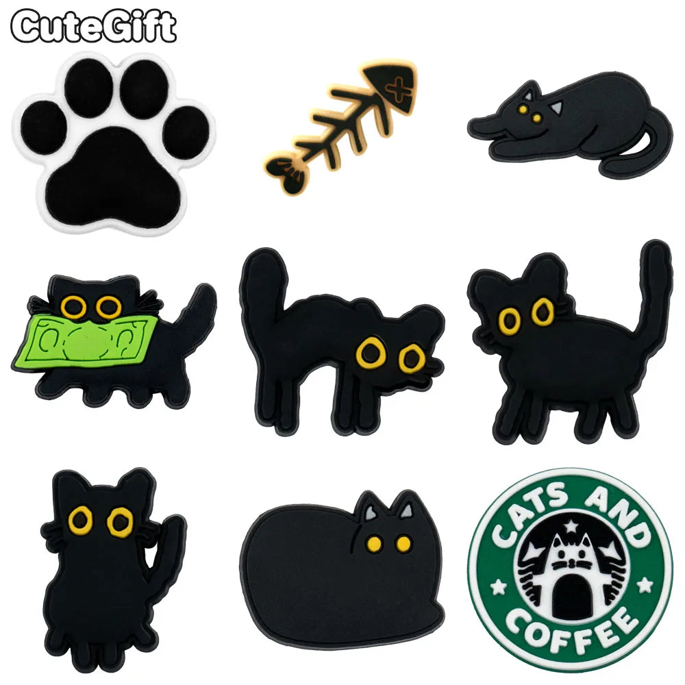 1/9pcs PVC Black Cat Shoe Charms for Women Men Kids Cat's Paw Shoe Decorations Pins for Clog Buckles Sandals Accessories