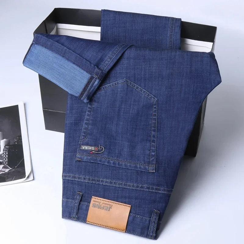 Spring Summer Thin Denim Pants Men Straight Cotton Stretch Jeans Business Classic Casual Lightweight Breathable Trousers