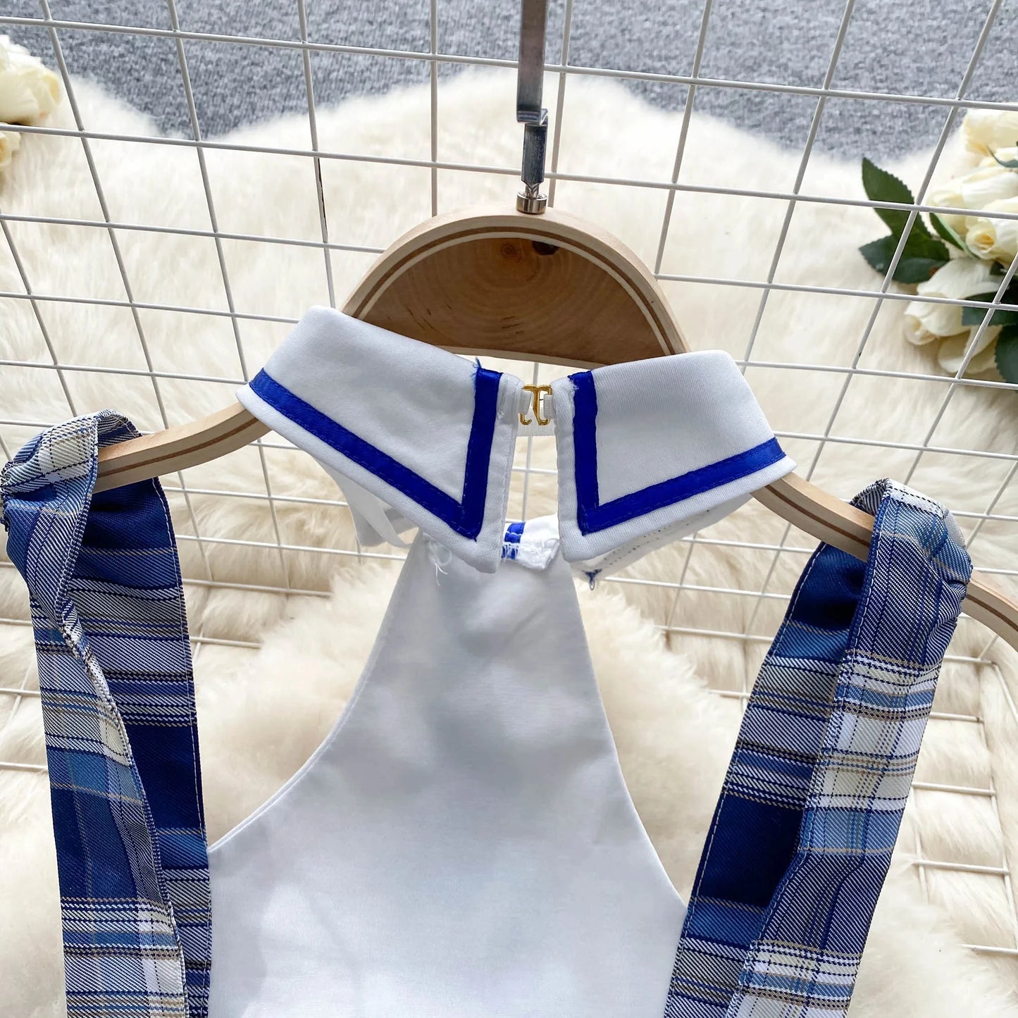 Girls Sexy Cute Japanese JK Uniform Mini Checkered Strap Skirt Off Shoulder High Waist Elastic Cosplay Dress Hot Sweet Pajama