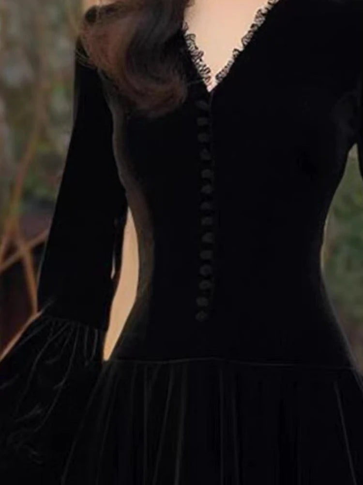 OCEANLOVE 2024 Spring Autumn Women Dresses Velvet Hepburn Style Solid Lantern Sleeve Vestidos Mujer French Vintage Long Dress
