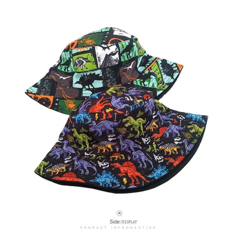 Bocca Cartoon Dinosaur Bucket Hat Children Boys Kids Fisherman Hats Pattern Double Sides Panama Cap Summer Outdoor Sunscreen Cap