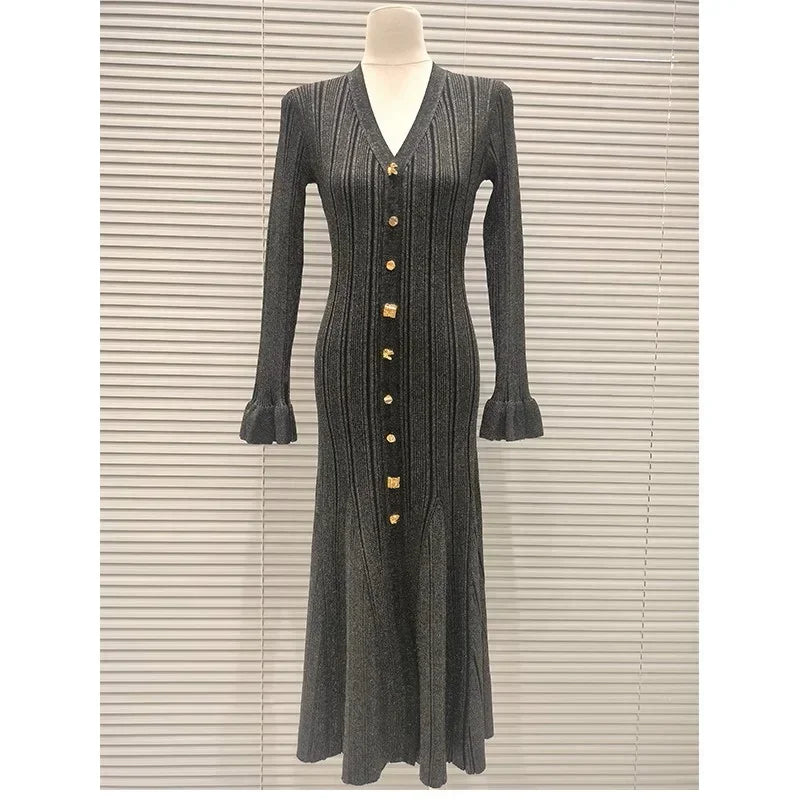 Knitted Mid-Length Dress 2024 New Women Long Sleeve Ribbed Party Dresses Elegant Lady Knitwear 5240175