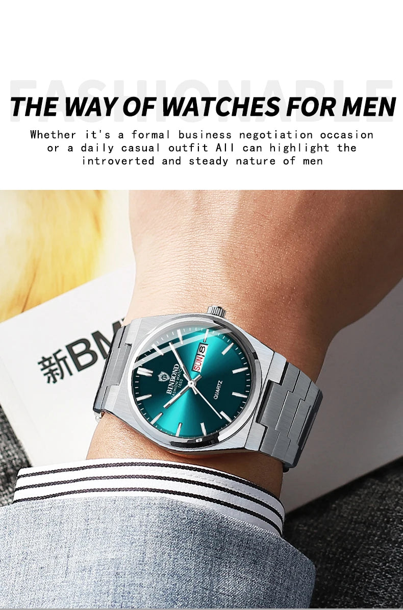 BINBOND Fashion New Men Business Watch Leisure Quartz Stainless Steel Buckle Watches Waterproof Luminous Calendar Men's Watches