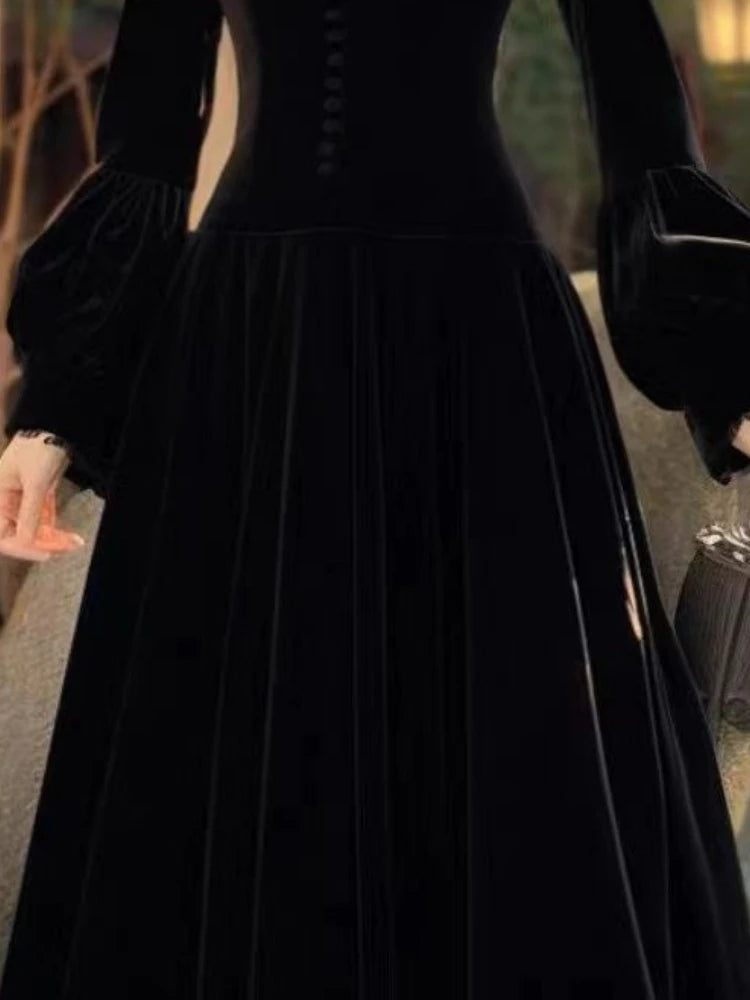OCEANLOVE 2024 Spring Autumn Women Dresses Velvet Hepburn Style Solid Lantern Sleeve Vestidos Mujer French Vintage Long Dress