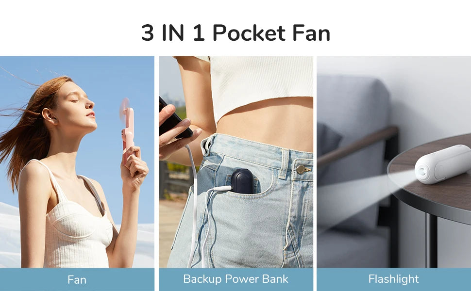 JISULIFE 3 in 1 Pocket Mini Handheld Fan,USB 4500mAh Rechargeable Portable Fan with Power Bank&Flashlight,Travel,Camping,Outdoor