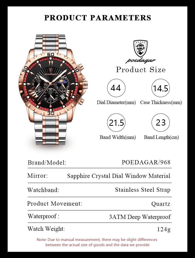 POEDAGAR Luxury High Quality Watch for Man Waterproof Luminous Chronograph Date Men Watch Stainless Steel Quartz Men's Watches