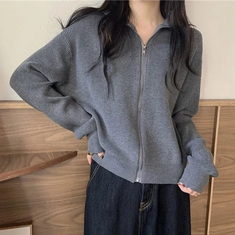 Korean Fashion Zipper Up Cardigan Women Autumn Winter Knitted Turtleneck Sweater Woman 2024 Solid Color Cropped Cardigans Female