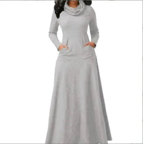 Autumn Winter Solid Color Splicing Pocket Neck Large Pendant Long Dress 2024 Casual Women's High Waist Long Sleeve Maxi Dresses
