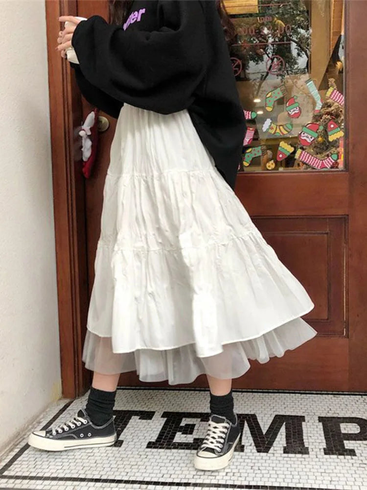 Long Tulle Midi Skirts Womens Autumn Elastic High Waist Mesh Tutu Pleated Skirts Female Black White Long Skirt Streetwear