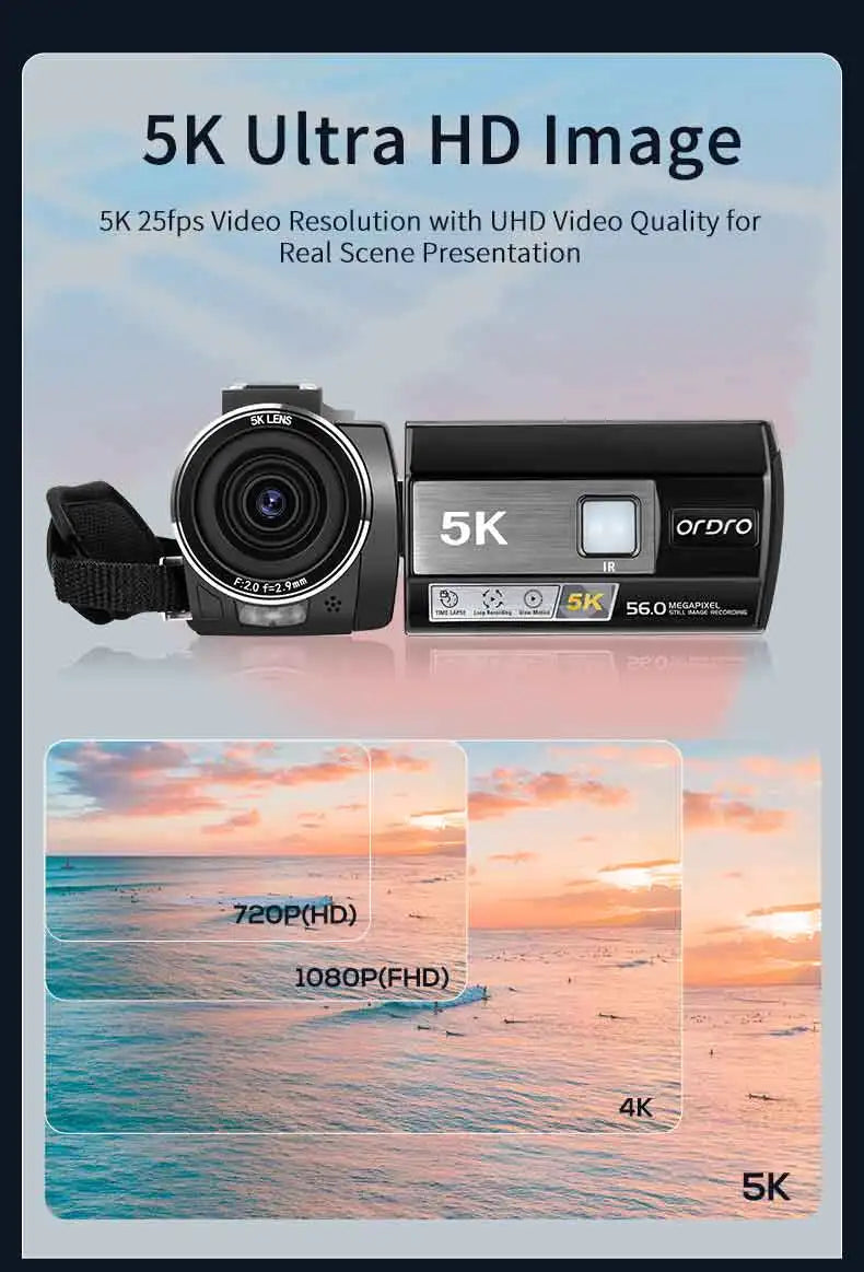 5K UHD Professional Camcorder Ordro AE20 Video Camera Youtube Vlogging Filming Recorder with WIFI IR Night Vision Digital Zoom