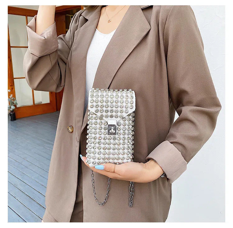 Luxury Full Rhinestone Women Phone Waist Bags Detachable PU Leather Waist Belt Shoe chain Crossbody Shoulder Bag Pack