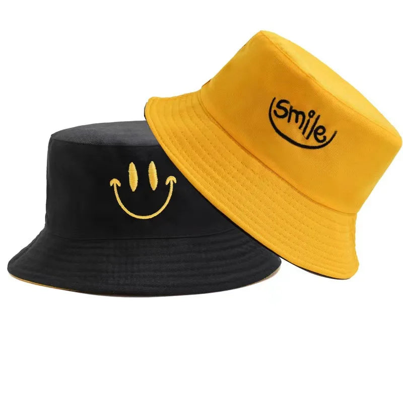Unisex Bucket Hat Smile Embroidery Women Cotton Corduroy Double-Sided Bob Hip Hop Hat Four Season Panama Beach Fishing Sun Caps