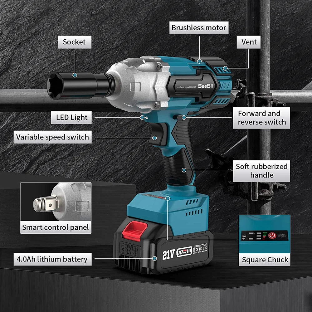 SEESII Cordless Impact Wrench 650N.m Torque Brushless Electric Wrench Power Tools with Sockets Screws Drill for Car Home WH700