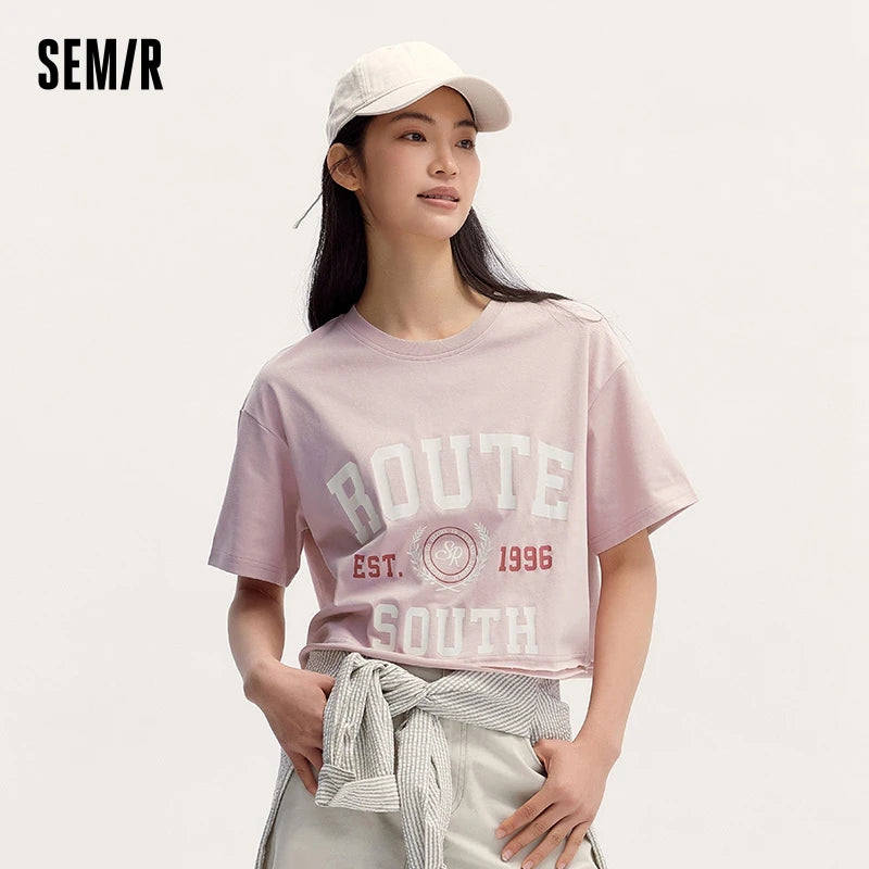 Semir Short-Sleeved T-Shirt Women Short Length American Letter Print 2024 Summer New Vintage Style Loose Fit Clothing