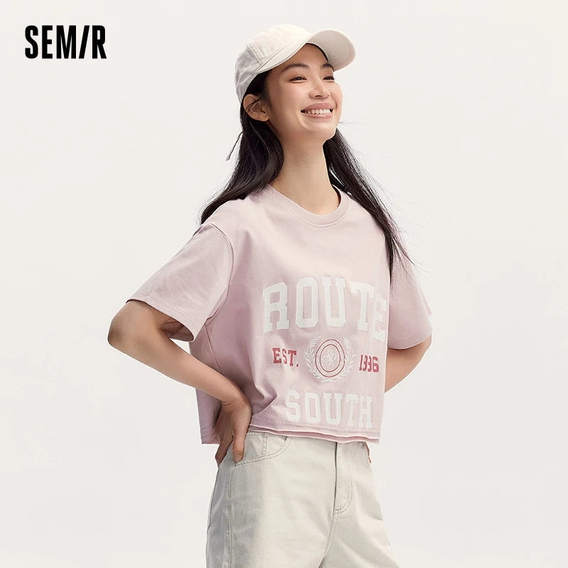 Semir Short-Sleeved T-Shirt Women Short Length American Letter Print 2024 Summer New Vintage Style Loose Fit Clothing